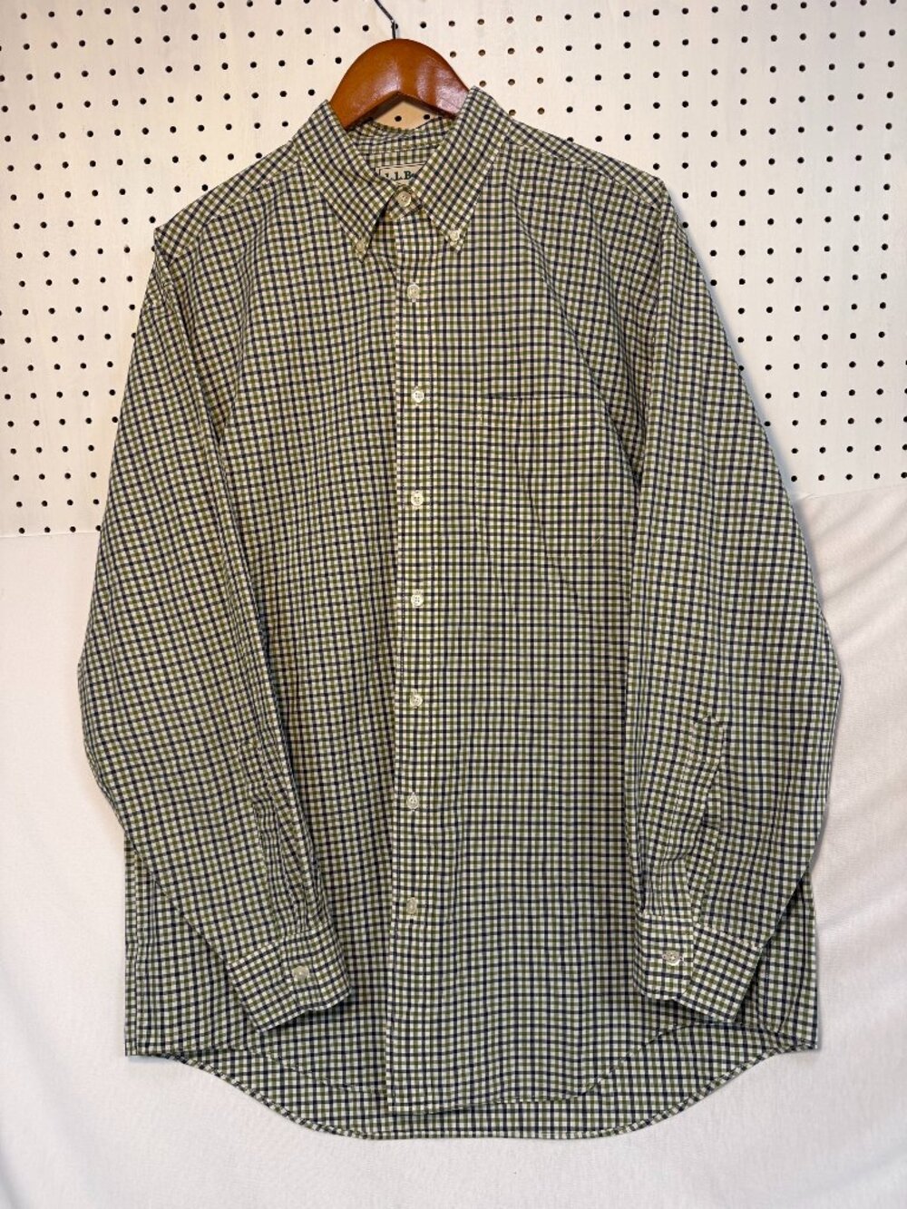 LL Bean Button Down Shirt Mens Large Tall LT Blue Green Check Cotton Vintage